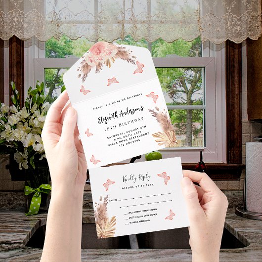 誕生日パンパバラ金ゴールドbuttefly花模様RSVP オールインワン招待状