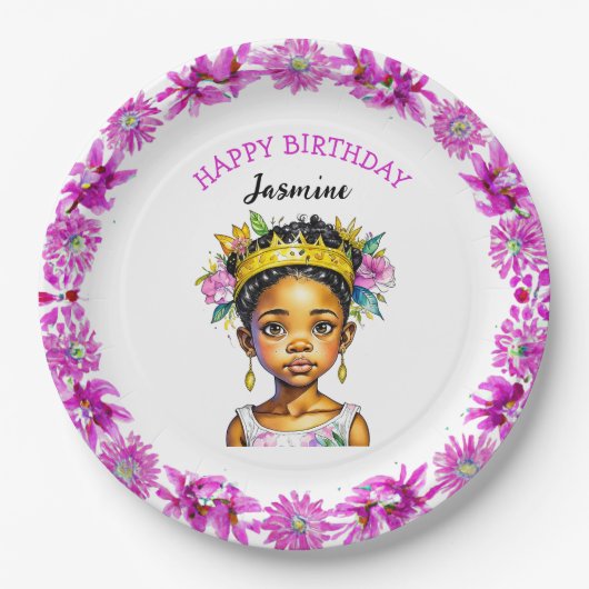 誕生日パーソナライズされたガールプリンセスの色 ペーパープレート (正面)