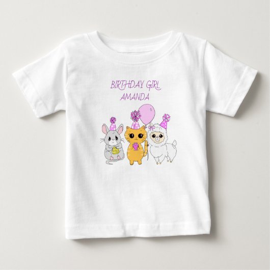 誕生日パーソナライズされたガールラマ、子猫、マウス ベビーTシャツ (正面)