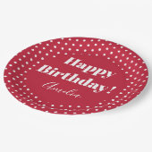 誕生日パーソナライズされたハッピーバースデーレッド水玉模様 ペーパープレート (アングル)