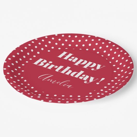 誕生日パーソナライズされたハッピーバースデーレッド水玉模様 ペーパープレート (アングル)