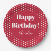 誕生日パーソナライズされたハッピーバースデーレッド水玉模様 ペーパープレート (正面)