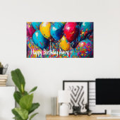 誕生日パーソナライズされたバナー |バルーンカラフルー ポスター (ホームオフィス)