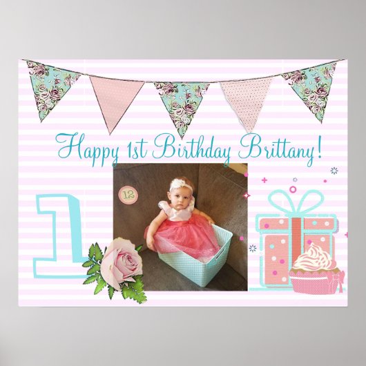 誕生日パーソナライズされたバナー(1st Birthday Girl) ポスター (正面)