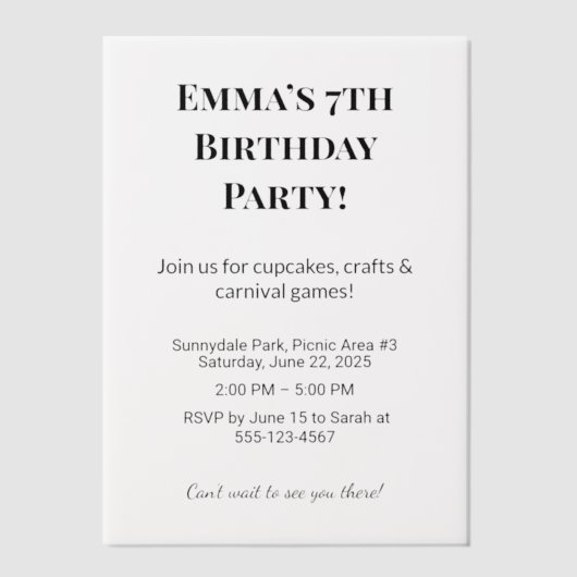 誕生日パーソナライズされたパーティーのVellumオーバーレイ ベラム紙招待状 (正面)