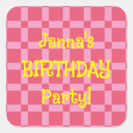 誕生日パーソナライズされたパーティーピンク市松模様にパターン スクエアシール