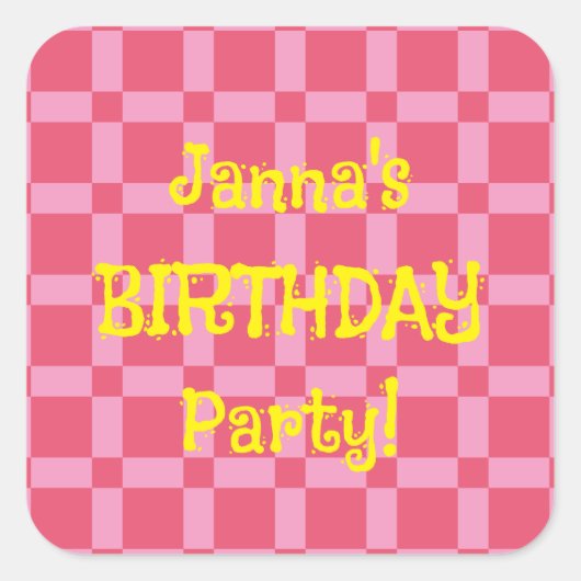 誕生日パーソナライズされたパーティーピンク市松模様にパターン スクエアシール (正面)