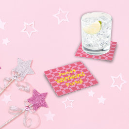 誕生日パーソナライズされたパーティーピンク市松模様にパターン スクエアペーパーコースター