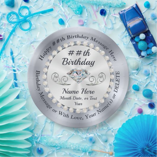 誕生日パーソナライズされたプレート、ダイヤモンドと真珠 ペーパープレート (パーティー)
