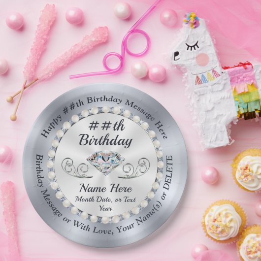 誕生日パーソナライズされたプレート、ダイヤモンドと真珠 ペーパープレート (パーティー)