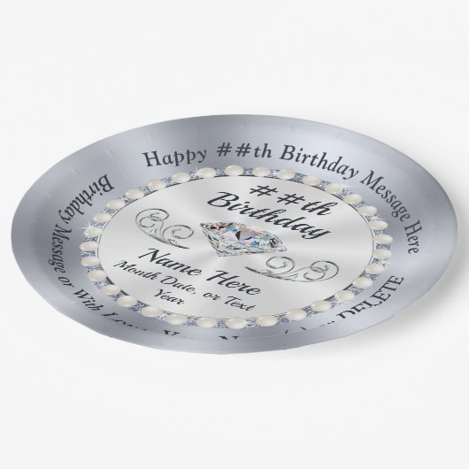 誕生日パーソナライズされたプレート、ダイヤモンドと真珠 ペーパープレート (アングル)