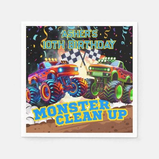 誕生日パーソナライズされたモンスタートラック対決 スタンダードカクテルナプキン (正面)