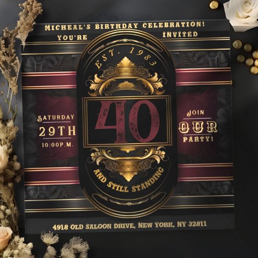 誕生日パーソナライズされたヴィンテージブラック金ゴールドバーガンディ 招待状