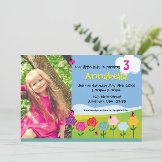 誕生日パーソナライズされた招待状レディバグ花模様 招待状 (スタンド正面)