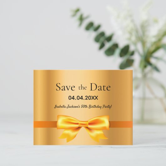 誕生日パーティエレガントーの金ゴールドボウ日付の保存 ポストカード (スタンド正面)