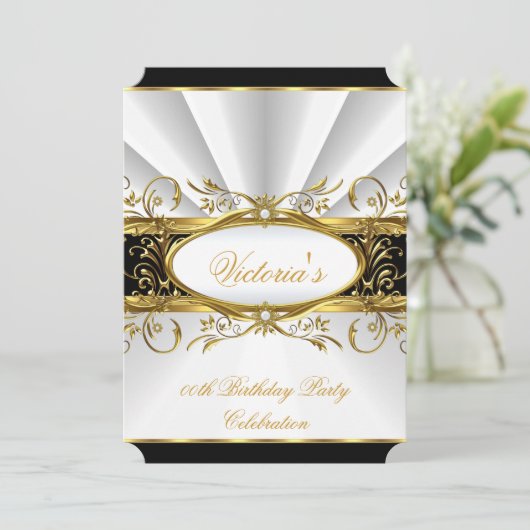 誕生日パーティエレガントーホワイト金ゴールドフローラブラック3 招待状 (スタンド正面)