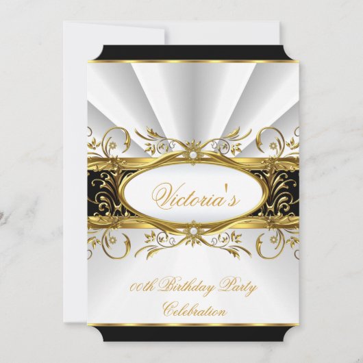 誕生日パーティエレガントーホワイト金ゴールドフローラブラック3 招待状 (正面)