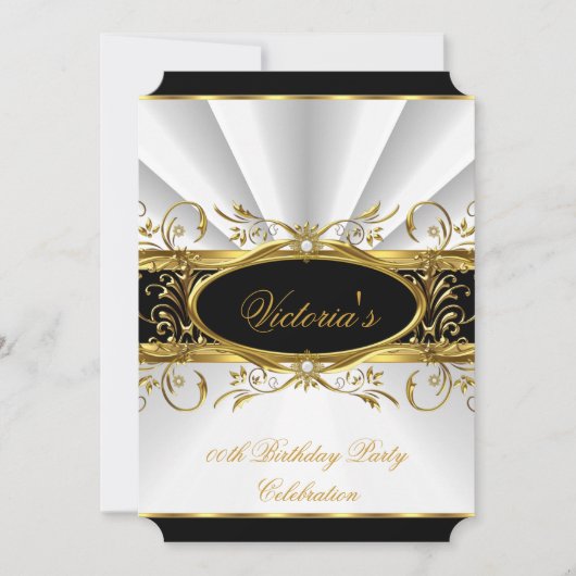 誕生日パーティエレガントーホワイト金ゴールドフローラブラック4 招待状 (正面)