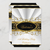 誕生日パーティエレガントーホワイト金ゴールドフローラブラック4 招待状 (正面/裏面)