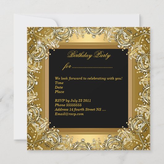 誕生日パーティエレガント金ゴールドブラック金ゴールドフレームイメージ 招待状 (裏面)
