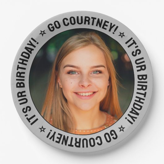 誕生日パーティカスタムーの写真と文字おもしろいシルバー ペーパープレート (正面)