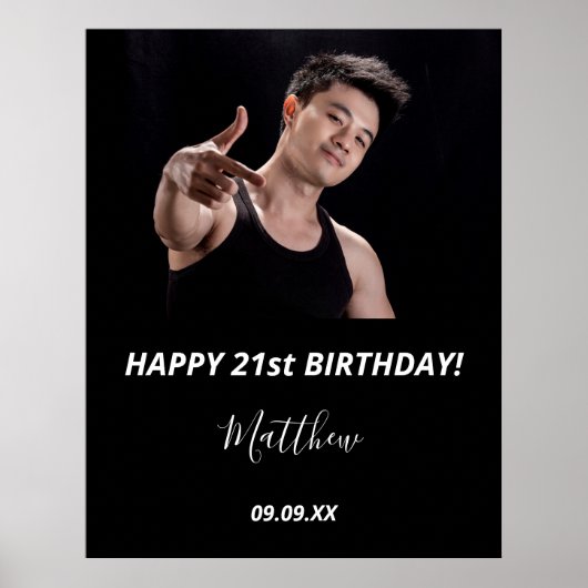 誕生日パーティカスタムーの写真白黒モダン男 ポスター (正面)
