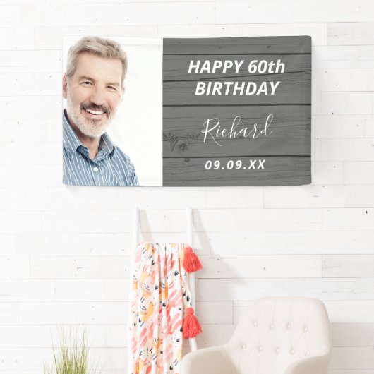 誕生日パーティカスタムー写真の素朴な木灰色 横断幕 (インサイチュ)