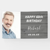 誕生日パーティカスタムー写真の素朴な木灰色 横断幕 (横)