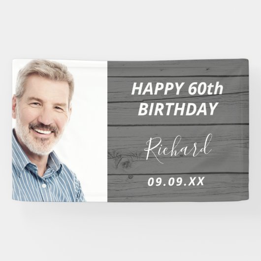 誕生日パーティカスタムー写真の素朴な木灰色 横断幕 (横)