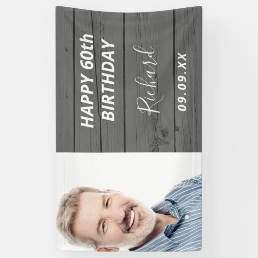 誕生日パーティカスタムー写真の素朴な木灰色 横断幕 (縦)