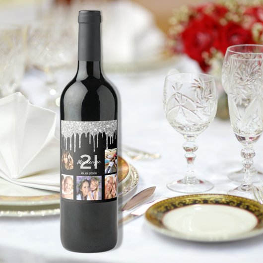 誕生日パーティカスタムー写真グリッターブラックシルバー ワインラベル
