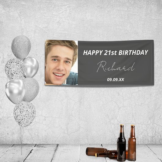 誕生日パーティカスタムー写真グレー白いモダン男 横断幕