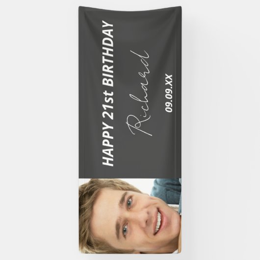 誕生日パーティカスタムー写真グレー白いモダン男 横断幕 (縦)