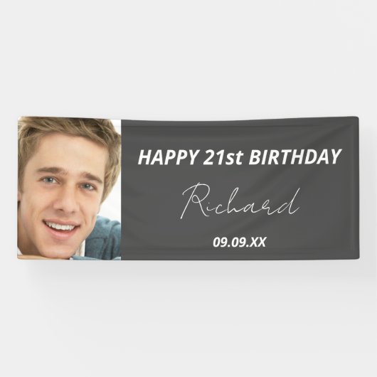 誕生日パーティカスタムー写真グレー白いモダン男 横断幕 (横)