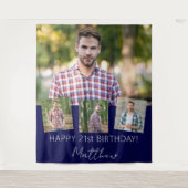 誕生日パーティカスタムー写真コラージュのネイビーブルー タペストリー (正面)