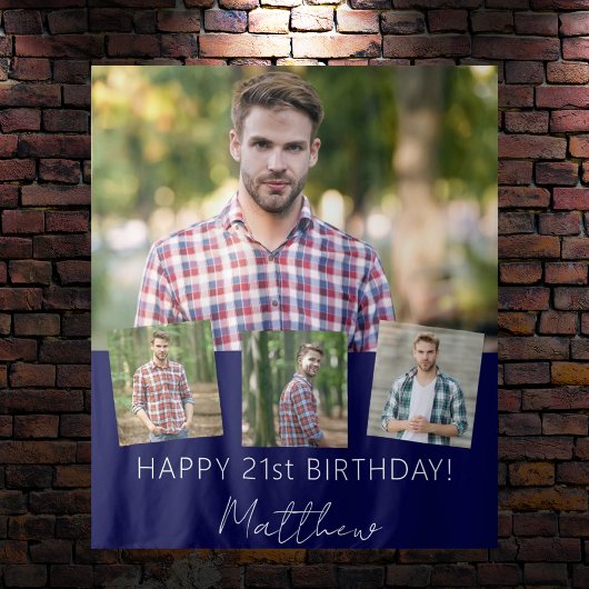 誕生日パーティカスタムー写真コラージュのネイビーブルー タペストリー