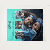 誕生日パーティカスタムー写真コラージュターコイズ タペストリー (正面(横))