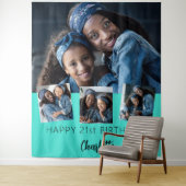 誕生日パーティカスタムー写真コラージュターコイズ タペストリー (インサイチュ)