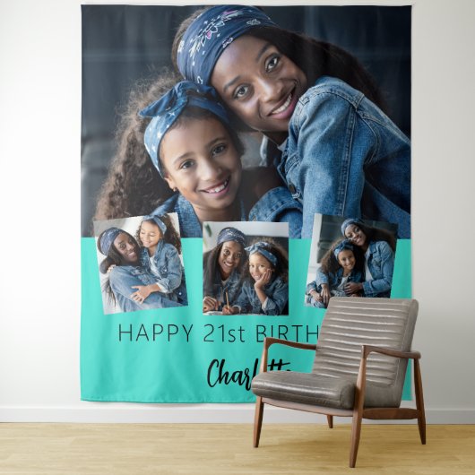 誕生日パーティカスタムー写真コラージュターコイズ タペストリー (インサイチュ)
