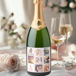 誕生日パーティカスタムー写真コラージュバラ金ゴールドピンク スパークリングワインラベル