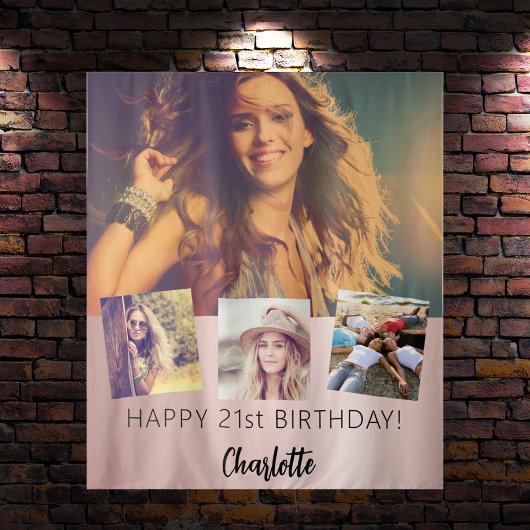 誕生日パーティカスタムー写真コラージュバラ金ゴールド タペストリー