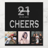 誕生日パーティカスタムー写真コラージュ黒応援 ワインラベル (シングルラベル)