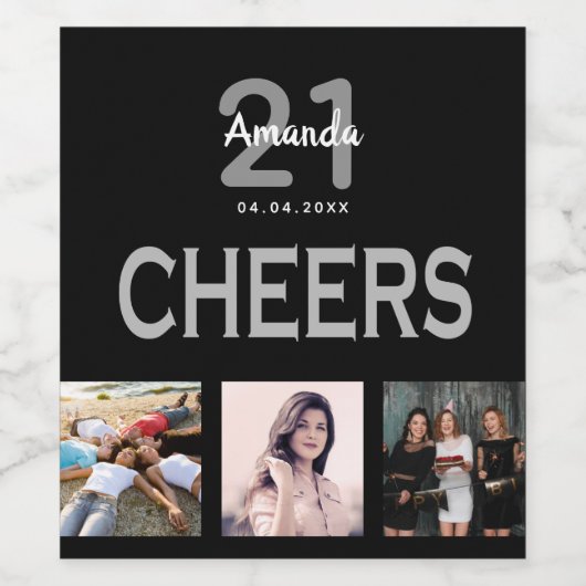 誕生日パーティカスタムー写真コラージュ黒応援 ワインラベル (シングルラベル)