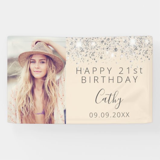 誕生日パーティカスタムー写真シルバークリーム 横断幕 (横)