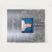 誕生日パーティカスタムー写真シルバーグリッターグラム タペストリー (正面(横))