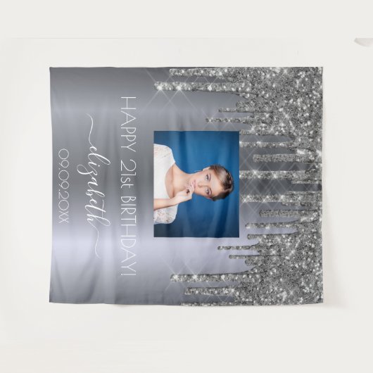 誕生日パーティカスタムー写真シルバーグリッターグラム タペストリー (正面(横))