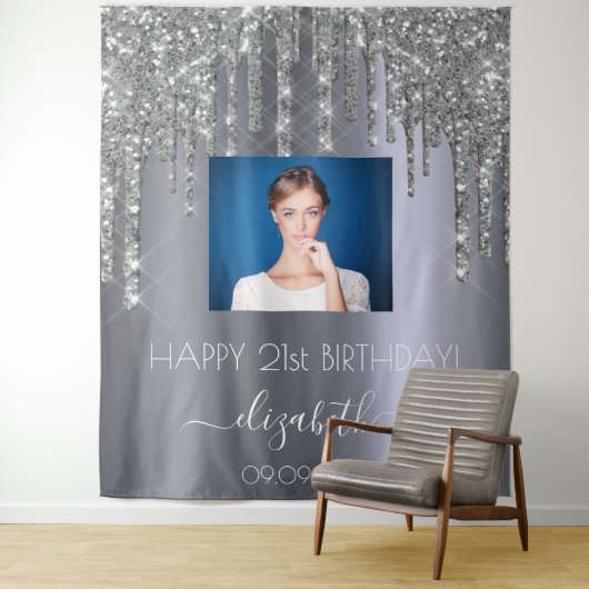 誕生日パーティカスタムー写真シルバーグリッターグラム タペストリー (インサイチュ)