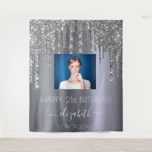 誕生日パーティカスタムー写真シルバーグリッターグラム タペストリー (正面)