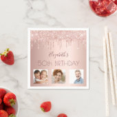 誕生日パーティカスタムー写真バラ金ゴールドグリッターピンク スタンダードカクテルナプキン (インサイチュ)