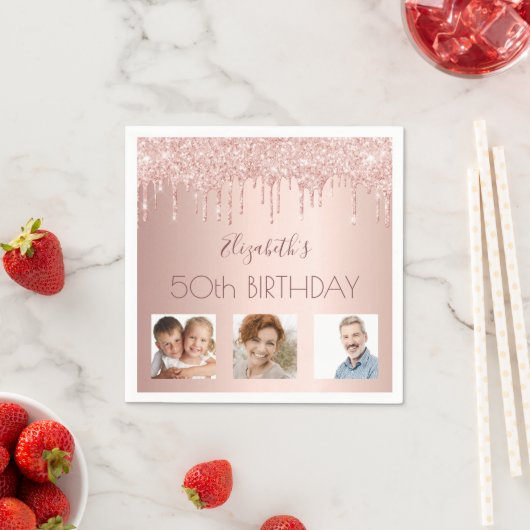 誕生日パーティカスタムー写真バラ金ゴールドグリッターピンク スタンダードカクテルナプキン (インサイチュ)